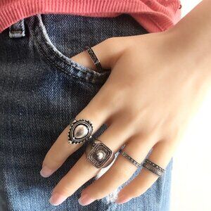 Chunky Bohemian Fashion Rings Burnished Silver Set of 6